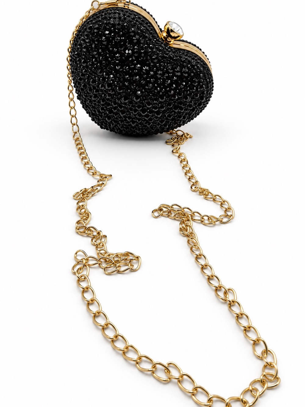 Black Crystal Heart Clutch Purse Gold Handle Formal Evening Bag Womens NEW - Picture 6 of 13
